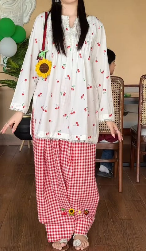 Rivika Cherry Print Kurta with Gingham Salwar Set