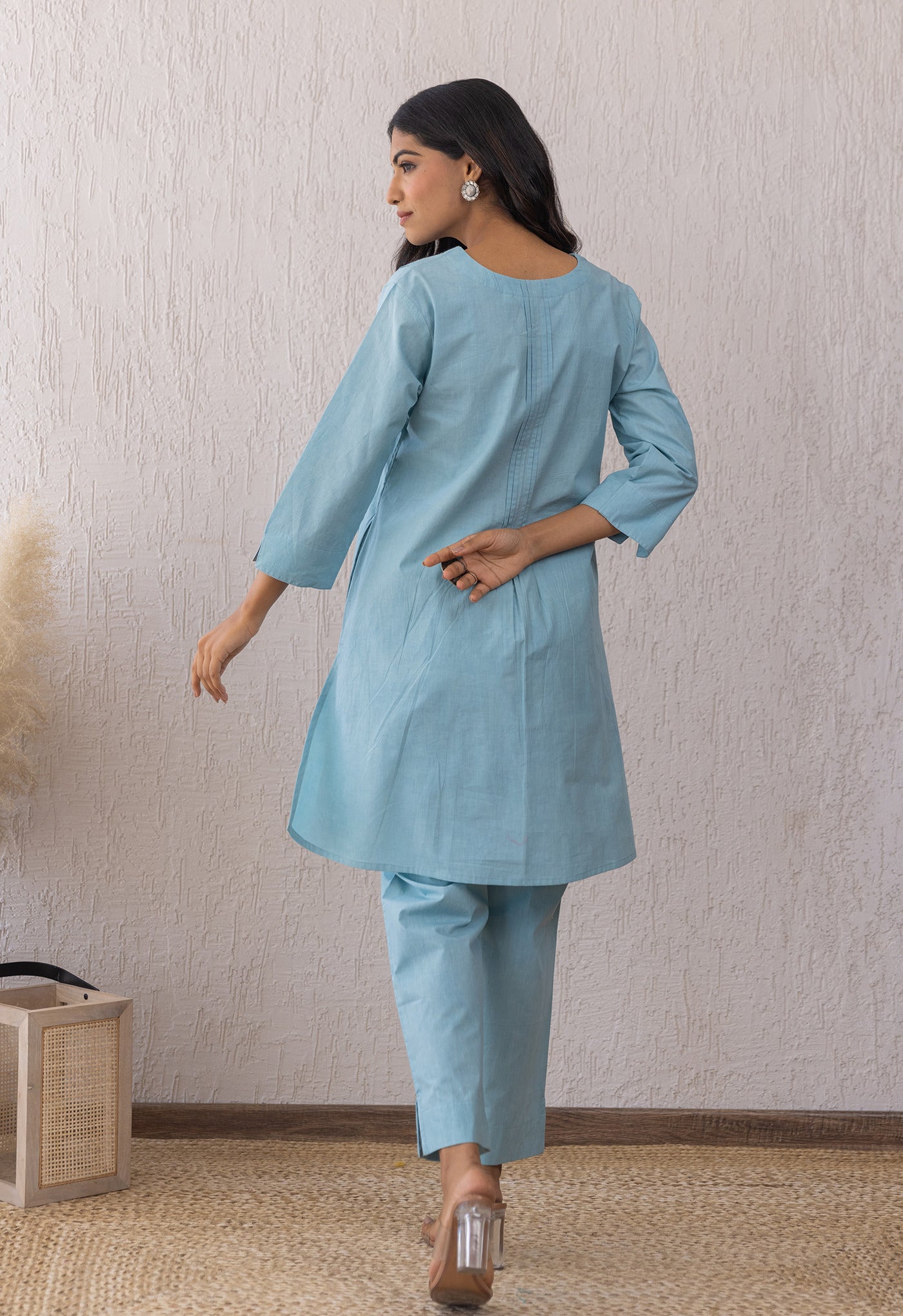BLUE SOLID PINTUCKS COORD SET
