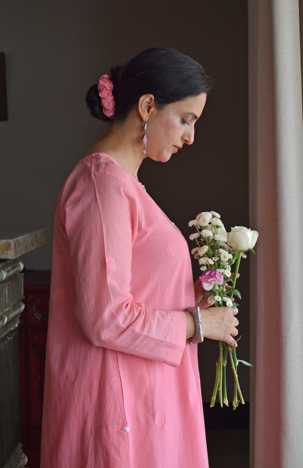 Light Pink Jamdani Polka Dot Kurta with White Pyjama