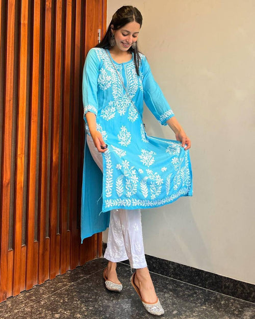 Avni Sky Blue Chikan Kurti Pant Set