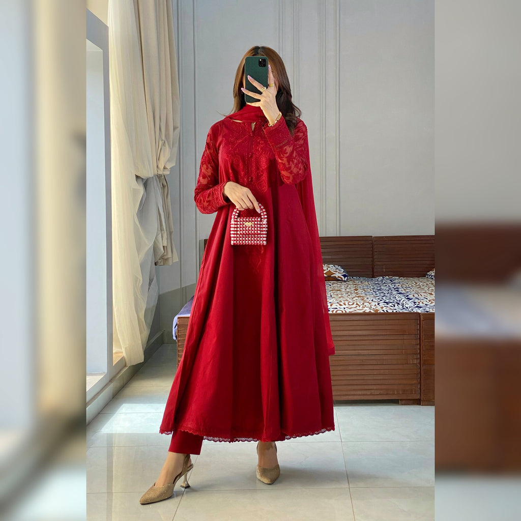 Ruby Red Embroidered Frock